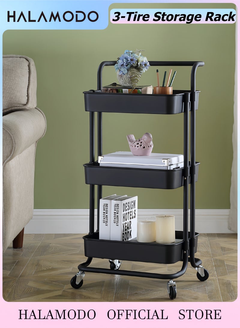 Halamodo Black 3 Tier Metal Rolling Utility Cart, 42 x 35 x 87cm dimensions - Image 1